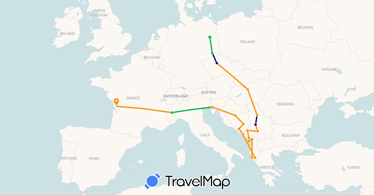 TravelMap itinerary: driving, bus, hitchhiking in Albania, Bosnia and Herzegovina, Czech Republic, Germany, France, Hungary, Italy, Montenegro, Serbia (Europe)